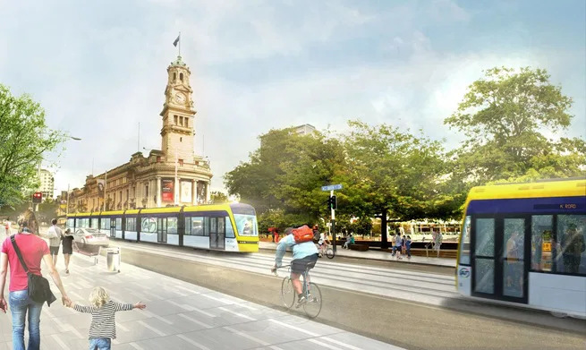 Light rail outside the town hall illustration
